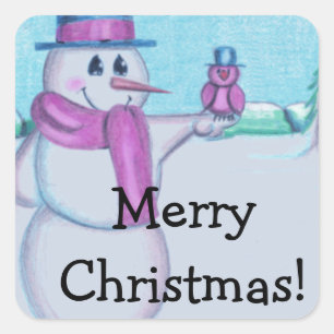 Snowman with Red Bird Folk Art Drawing Square Sticker