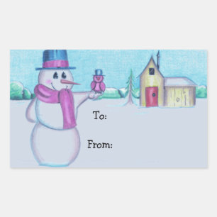 Snowman with Red Bird Folk Art Drawing Sticker