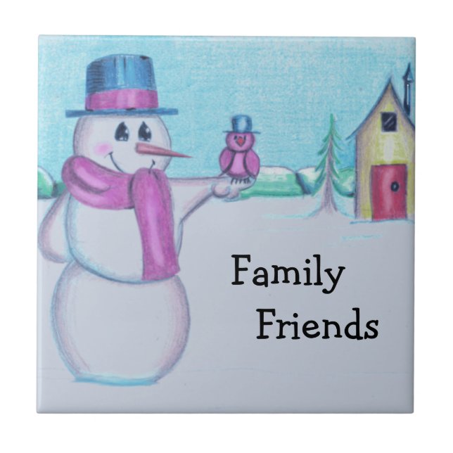 Snowman with Red Bird Folk Art Drawing Tile (Front)
