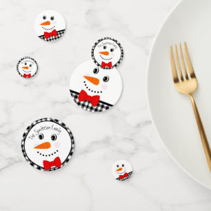 Snowman with Red Bowtie Black Buffalo Plaid Trim, Confetti