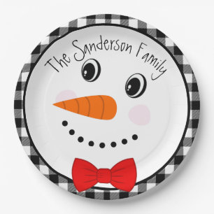 Snowman with Red Bowtie Black Buffalo Plaid Trim  Paper Plate