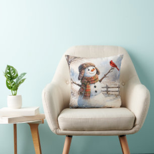 Snowman With Red Cardinal Bird Throw Pillow