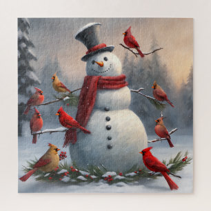 Snowman with Red Cardinals Snowy  Jigsaw Puzzle