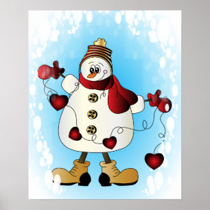 Snowman with Red Christmas Hearts Poster