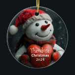 Snowman with Red Heart Personalized Ornament<br><div class="desc">Adorable snowman holding heart ornament personalized with name and Christmas year.</div>