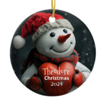 Snowman with Red Heart Personalized Ornament