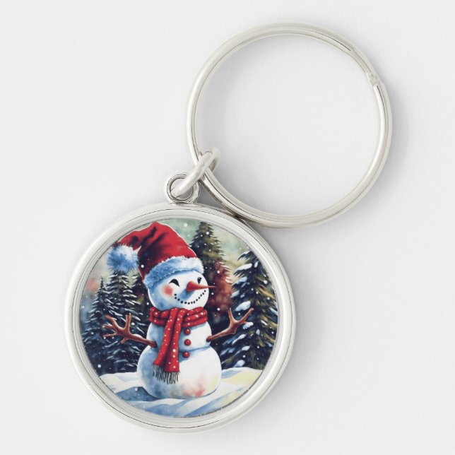 Snowman with red hot in front of trees  keychain (Front)