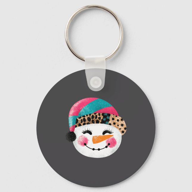 Snowman With Santa Hat And Leopard Pattern  Keychain (Front)