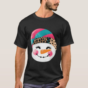 Snowman With Santa Hat And Leopard Pattern T-Shirt