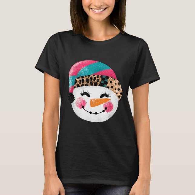 Snowman With Santa Hat And Leopard Pattern  T-Shirt (Front)
