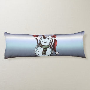 Snowman With Santa Hat - Carrot Nose - Green Scarf Body Pillow