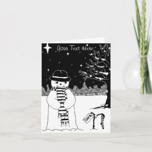 snowman with scarf and hat black and white art holiday card
