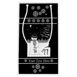 snowman with scarf and hat black and white small gift bag