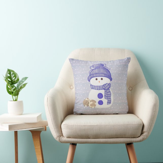 Snowman with Sleeping Bunnies Throw Pillow (Chair)