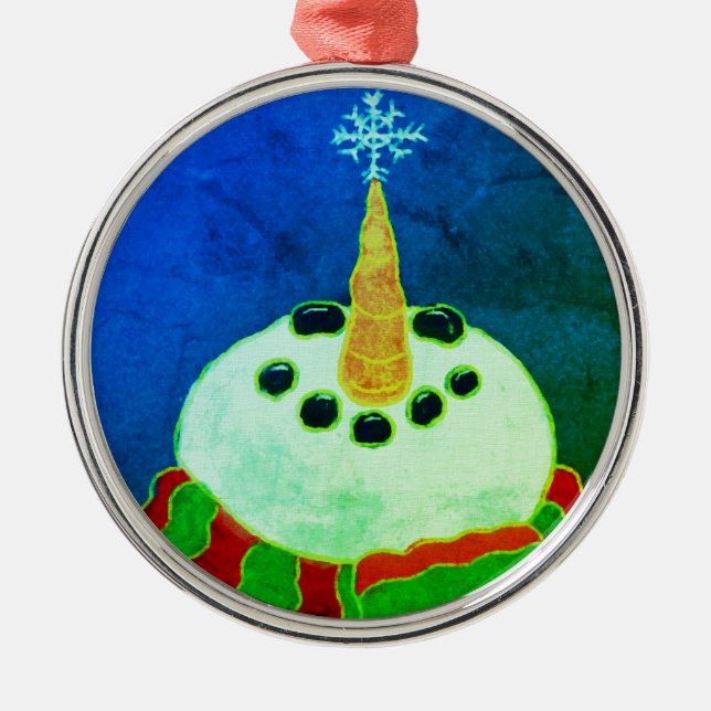 Snowman with Snowflake Abstract Art Metal Ornament (Front)