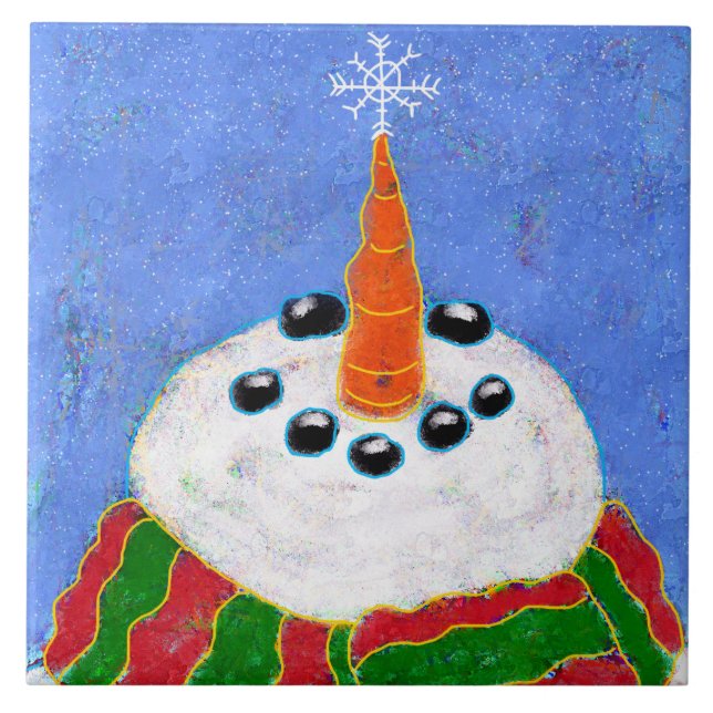 Snowman with Snowflake Abstract Art Tile (Front)
