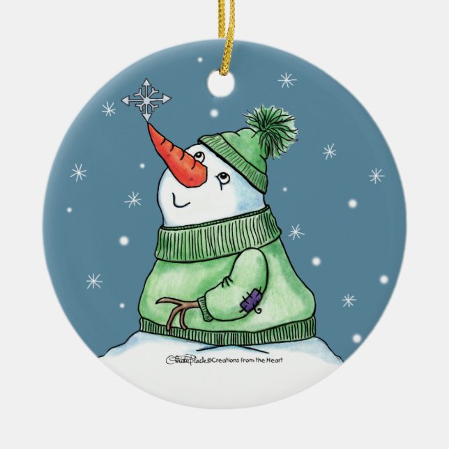 Snowman with Snowflake on nose Ceramic Ornament (Front)