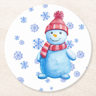 Snowman with snowflakes reusable round paper coaster