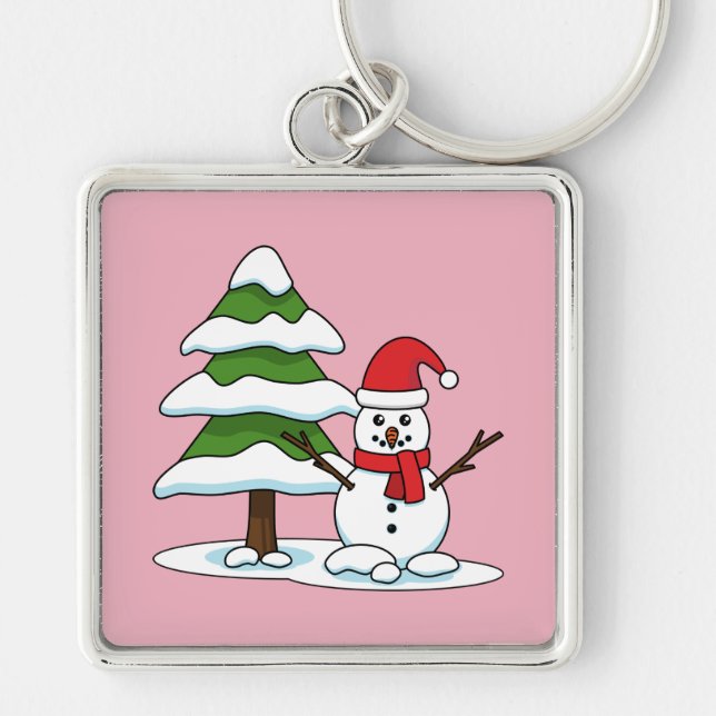 Snowman with Snowy Pine Tree Keychain (Front)