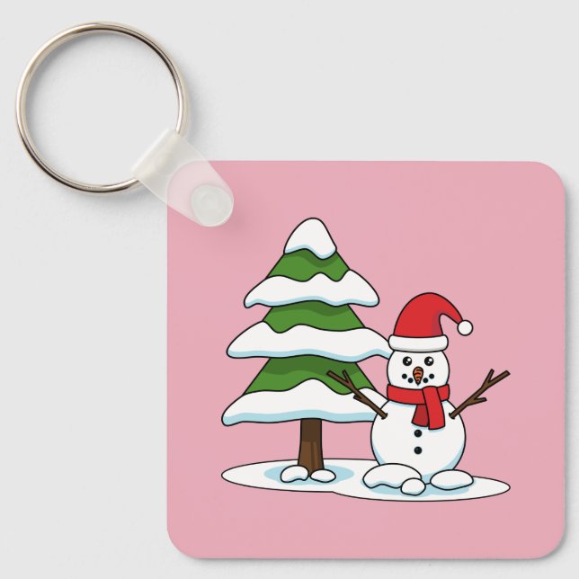 Snowman with Snowy Pine Tree Keychain (Front)