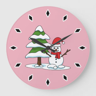 Snowman with Snowy Pine Tree Large Clock