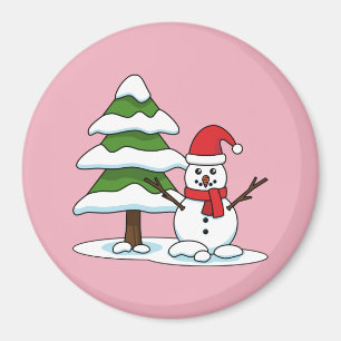Snowman with Snowy Pine Tree Magnet