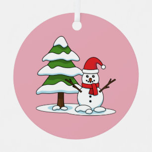 Snowman with Snowy Pine Tree Metal Ornament