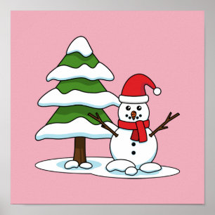 Snowman with Snowy Pine Tree Poster