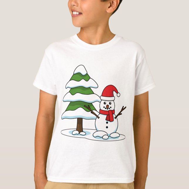 Snowman with Snowy Pine Tree T-Shirt (Front)