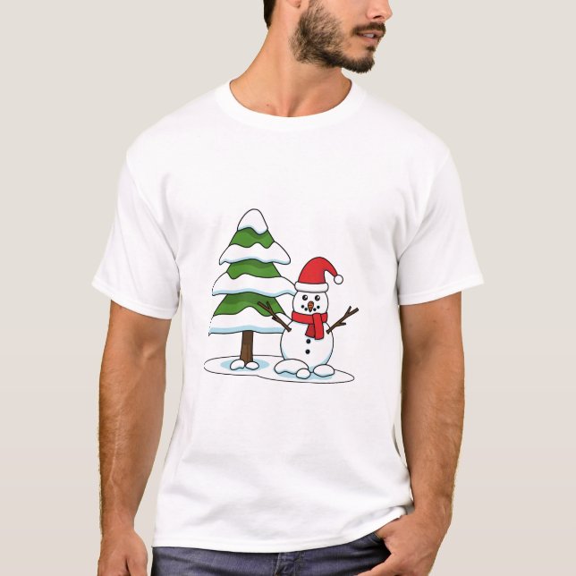 Snowman with Snowy Pine Tree T-Shirt (Front)