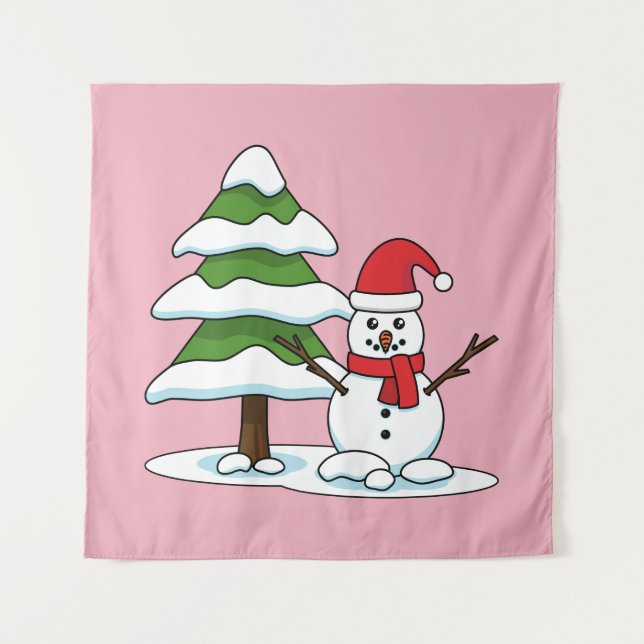 Snowman with Snowy Pine Tree Tapestry (Front)