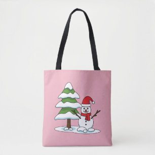 Snowman with Snowy Pine Tree Tote Bag