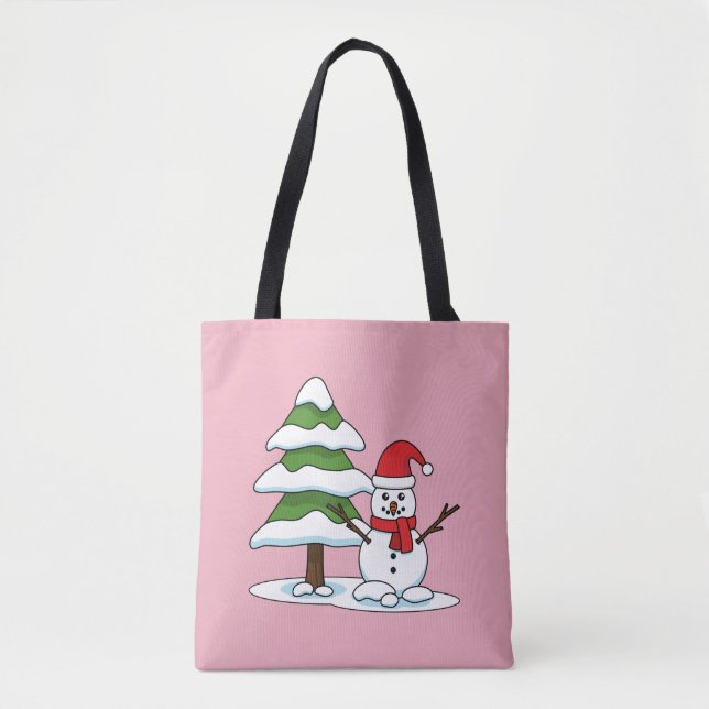 Snowman with Snowy Pine Tree Tote Bag (Front)