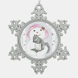 snowman with squirrel snowflake pewter christmas ornament