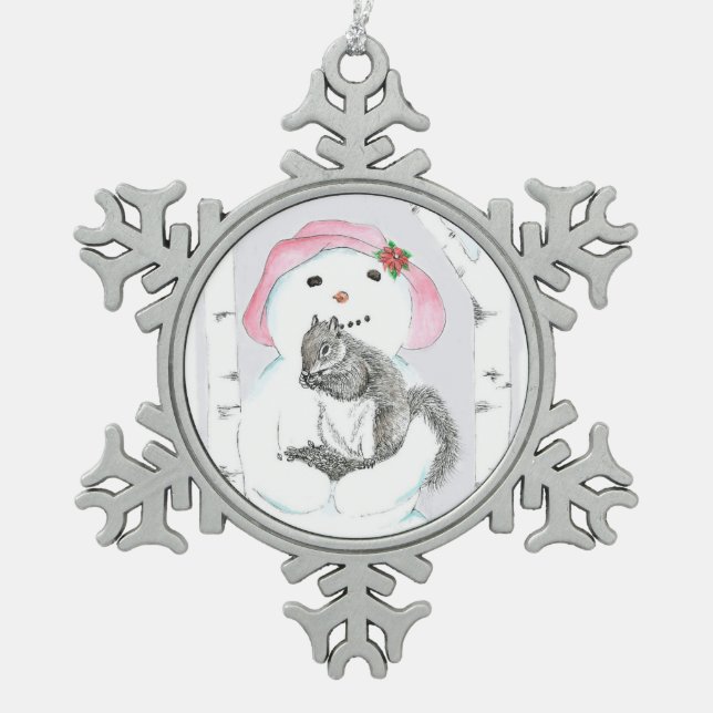 snowman with squirrel snowflake pewter christmas ornament (Front)