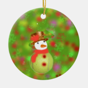 Snowman with tennis ball welcome holiday season ceramic ornament