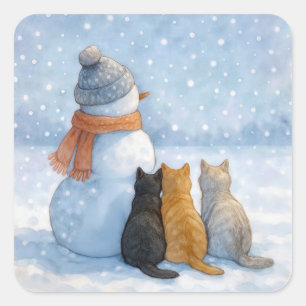 Snowman With Three Cats In a Snowy Field Square Sticker