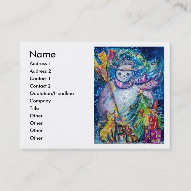 SNOWMAN WITH TOYS, white blue yellow Business Card (Front)