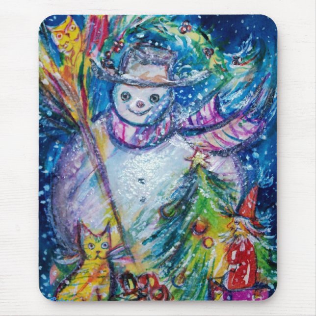 SNOWMAN WITH TOYS, white blue yellow Mouse Pad (Front)