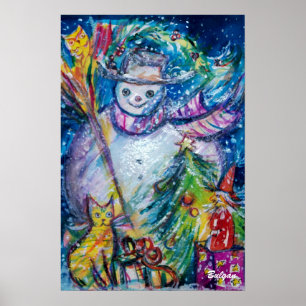 SNOWMAN WITH TOYS, white blue yellow Poster