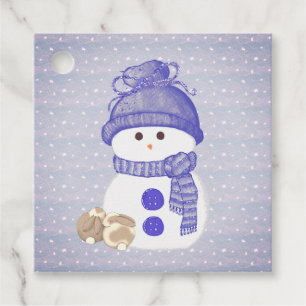 Snowman with Two Sleeping Bunnies with Snowflakes Favour Tags
