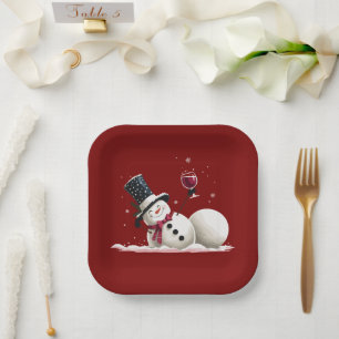 Snowman With Wine Christmas Gift Xmas Holiday Paper Plate