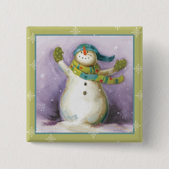 Snowman with Winter Mittens 2 Inch Square Button (Front)