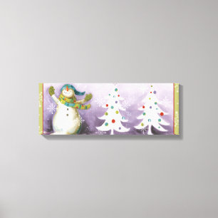 Snowman with Winter Mittens and Christmas Trees Canvas Print