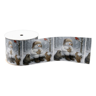 Snowman With Winter Woodland Critters Grosgrain Ribbon