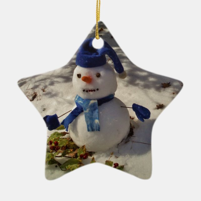 Snowman withBlue Hat and Scarf Ceramic Ornament (Front)