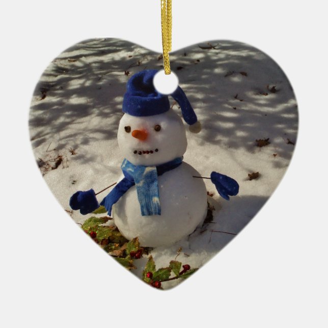 Snowman withBlue Hat and Scarf Ceramic Ornament (Front)