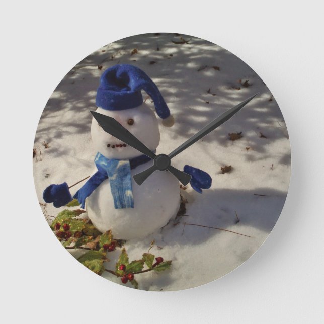 Snowman withBlue Hat and Scarf Round Clock (Front)