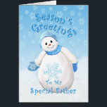 Snowman Wonderland for Father Christmas Card<br><div class="desc">Cute little snowman with blue winter hat and mittens as delicate snowflakes fall through the blue sky is a delightful Christmas design for greetings to your special Father.  You may also enjoy matching stamps and gifts available in my store.  Original art and design by Anura Design Studio.</div>