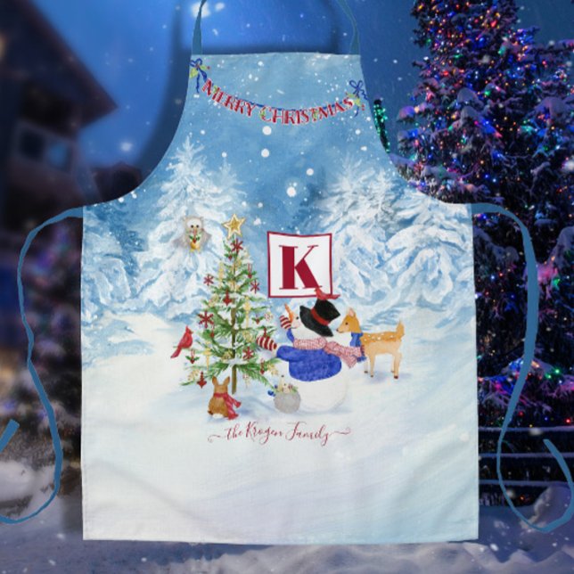 Snowman Woodland Forest Monogram Name Christmas  Apron (Creator Uploaded)